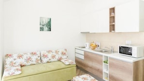 A compact living space with a kitchenette, a sofa with floral cushions, and a small artwork on the wall.