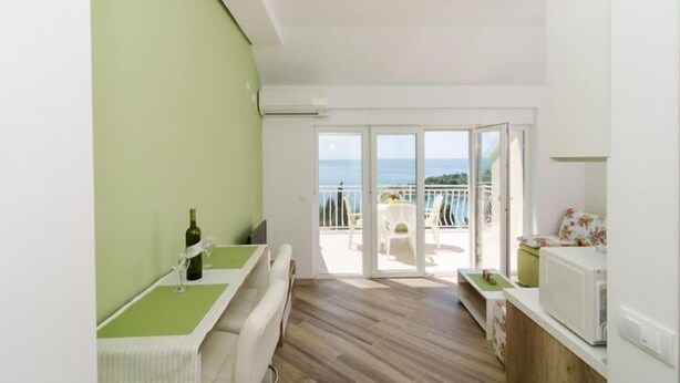 A narrow room with a green wall, a wooden floor, a white sink, a white cabinet, and a view of the sea through a glass door.