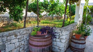 Dos barriles rústicos usados como jardineras con plantas, frente a un muro de piedra en un área ajardinada con árboles y otro muro de piedra al fondo.