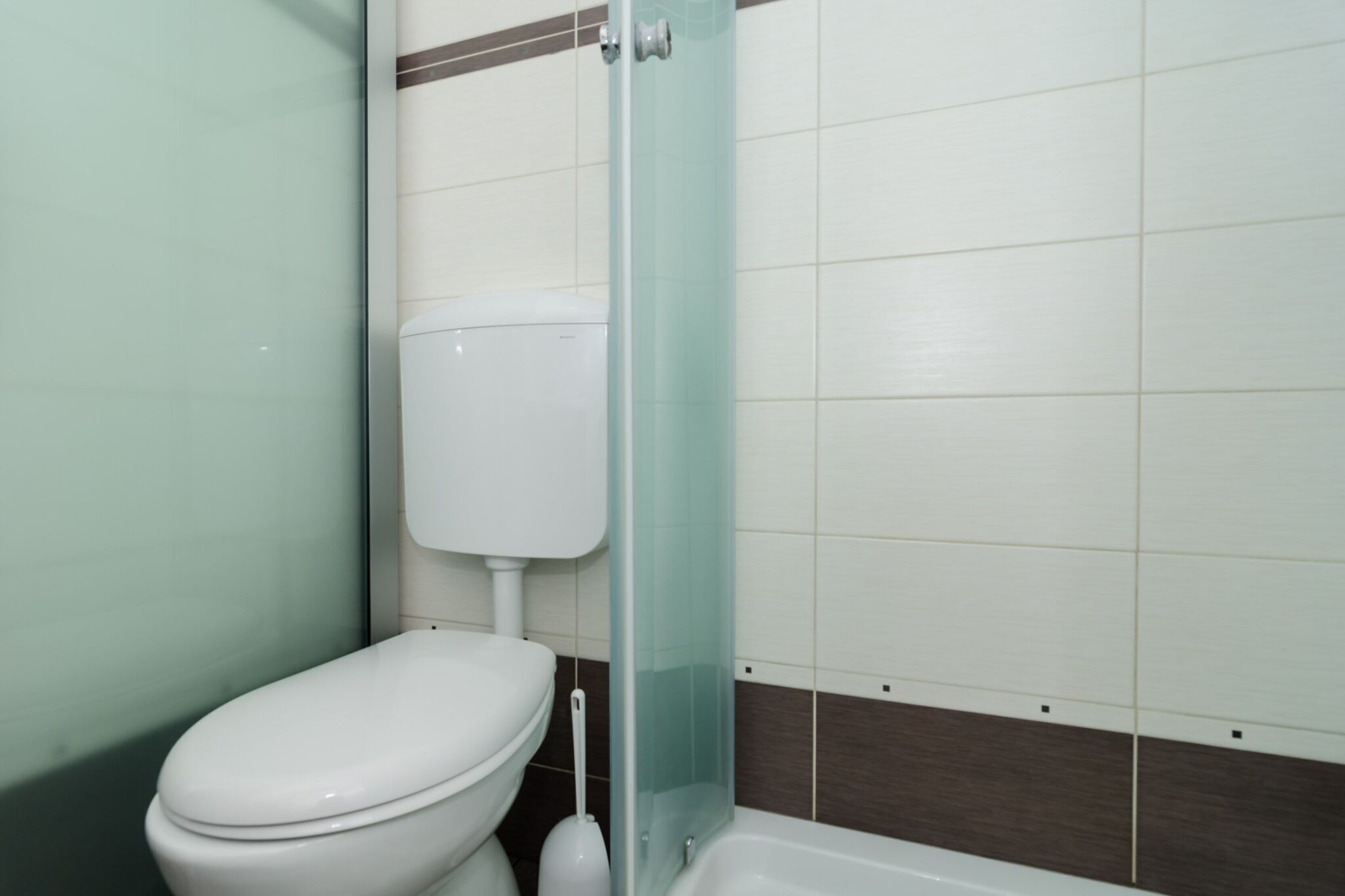 A bathroom with a toilet, a glass shower enclosure, and tiled walls.