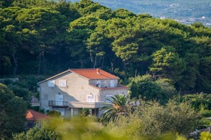 Una casa de dos pisos con tejado de tejas rojas, rodeada de árboles verdes frondosos y una vista despejada del paisaje.