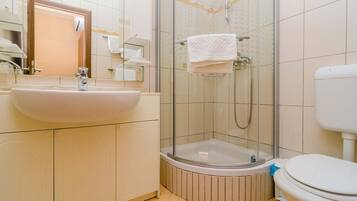 A bathroom with a sink, toilet, and glass-enclosed shower.
