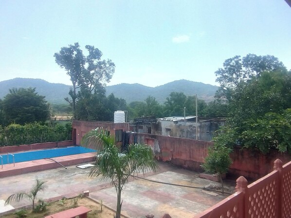 A rooftop with a swimming pool, a small palm tree, and a view of distant mountains. - Janardan Resort Pushkar (Riyanbaddi)