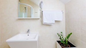Un baño con lavamanos, espejo, toallero y una planta en maceta.