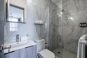 Douche, séchoir à cheveux, serviettes fournies