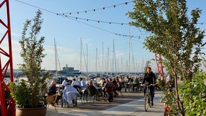 Un café en plein air avec des tables et des chaises, entouré de plantes en pot et offrant une vue sur les bateaux au loin.