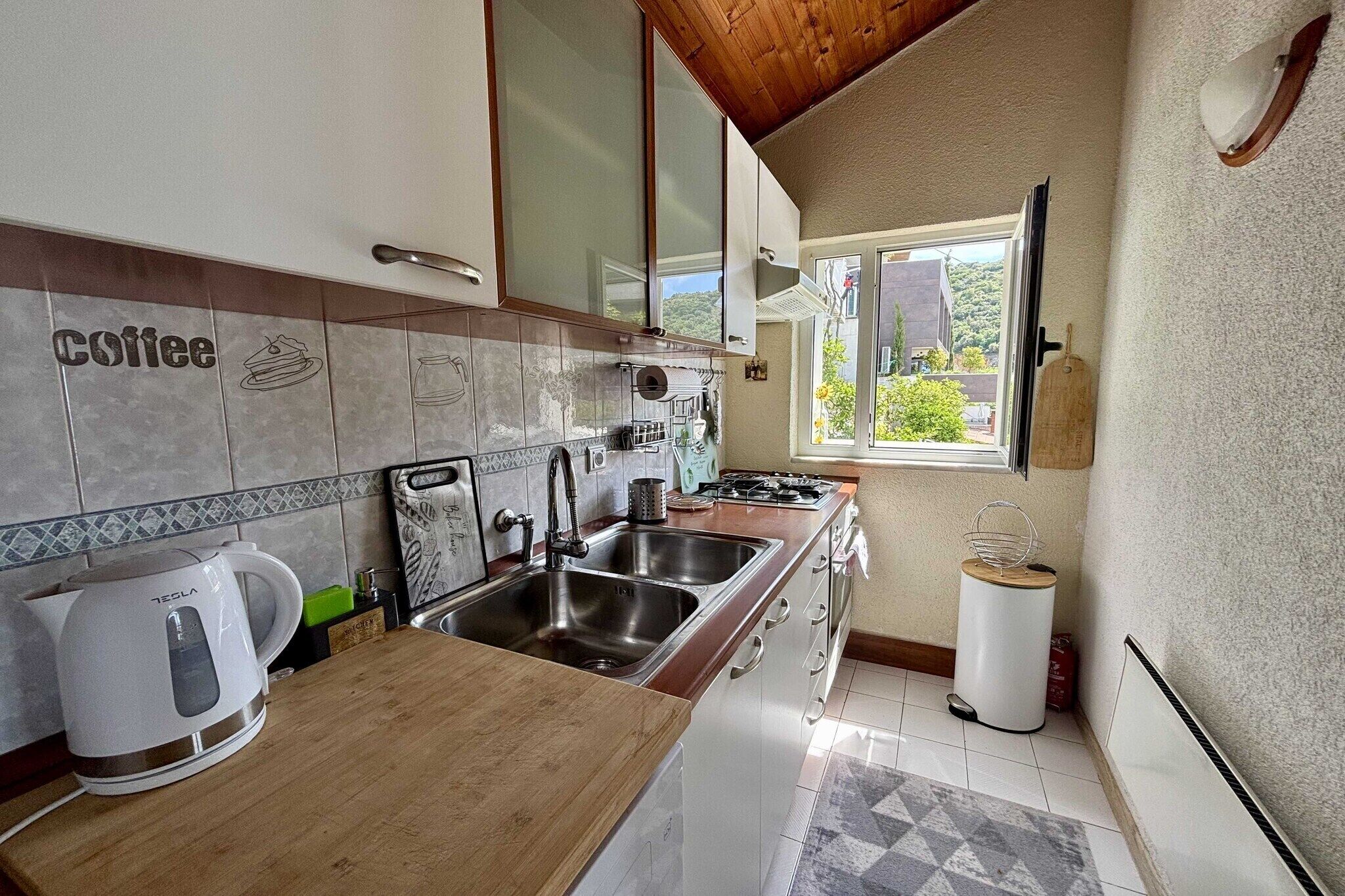 Cozinha com painel decorado com tema de café, chaleira, pia e janela com vista para o verde.