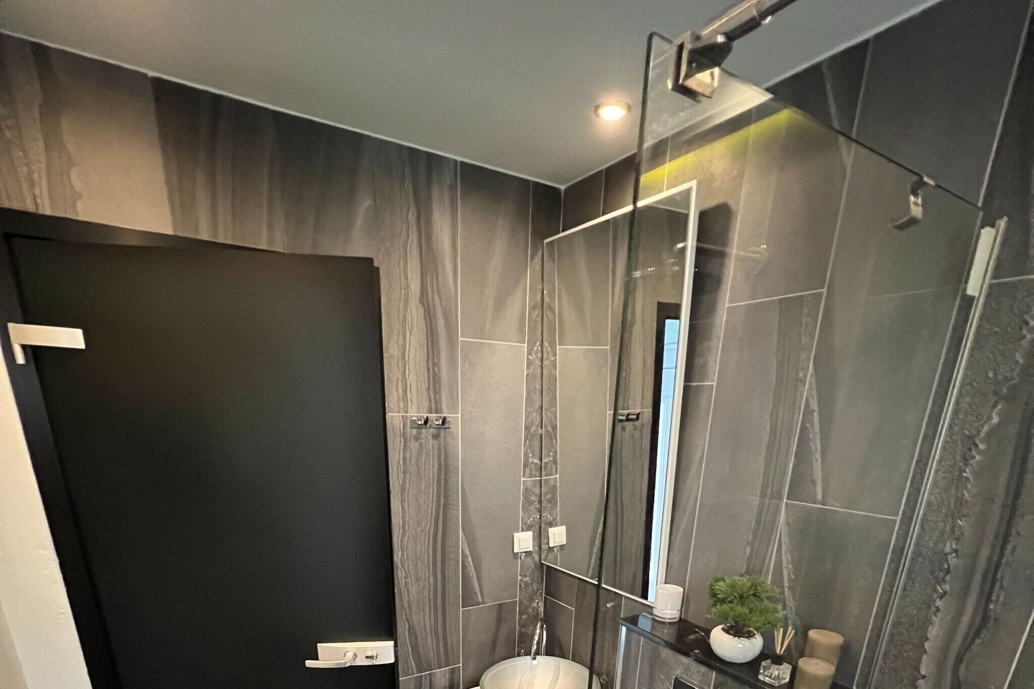 A modern bathroom with dark marble walls, a glass shower enclosure, and a visible sink area with a small plant and decorative items.
