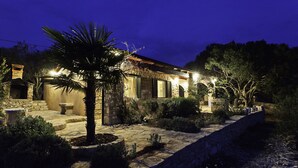 A stone house with a stone pathway, a palm tree, and a stone wall.