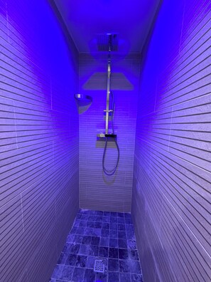 Hair dryer, towels, soap, shampoo