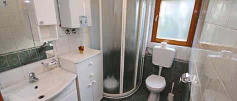 Un baño con lavabo, inodoro y ducha.