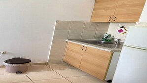 Une petite cuisine avec un évier, des placards en bois et une poubelle.
