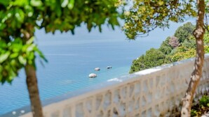 Une vue sur la côte, avec une balustrade en pierre et des arbres.