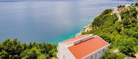 A coastal building with a red roof, surrounded by dense green trees and a view of the sea.