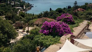 Une vue sur la côte, avec une terrasse en bois, un bâtiment en pierre et des arbustes de bougainvilliers aux fleurs violettes.