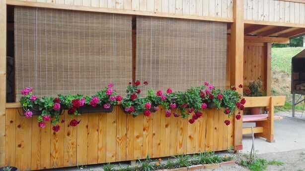 Un bâtiment en bois doté d’une grande fenêtre recouverte d’un paravent en bambou, d’un banc en bois et d’un jardinier avec des fleurs.