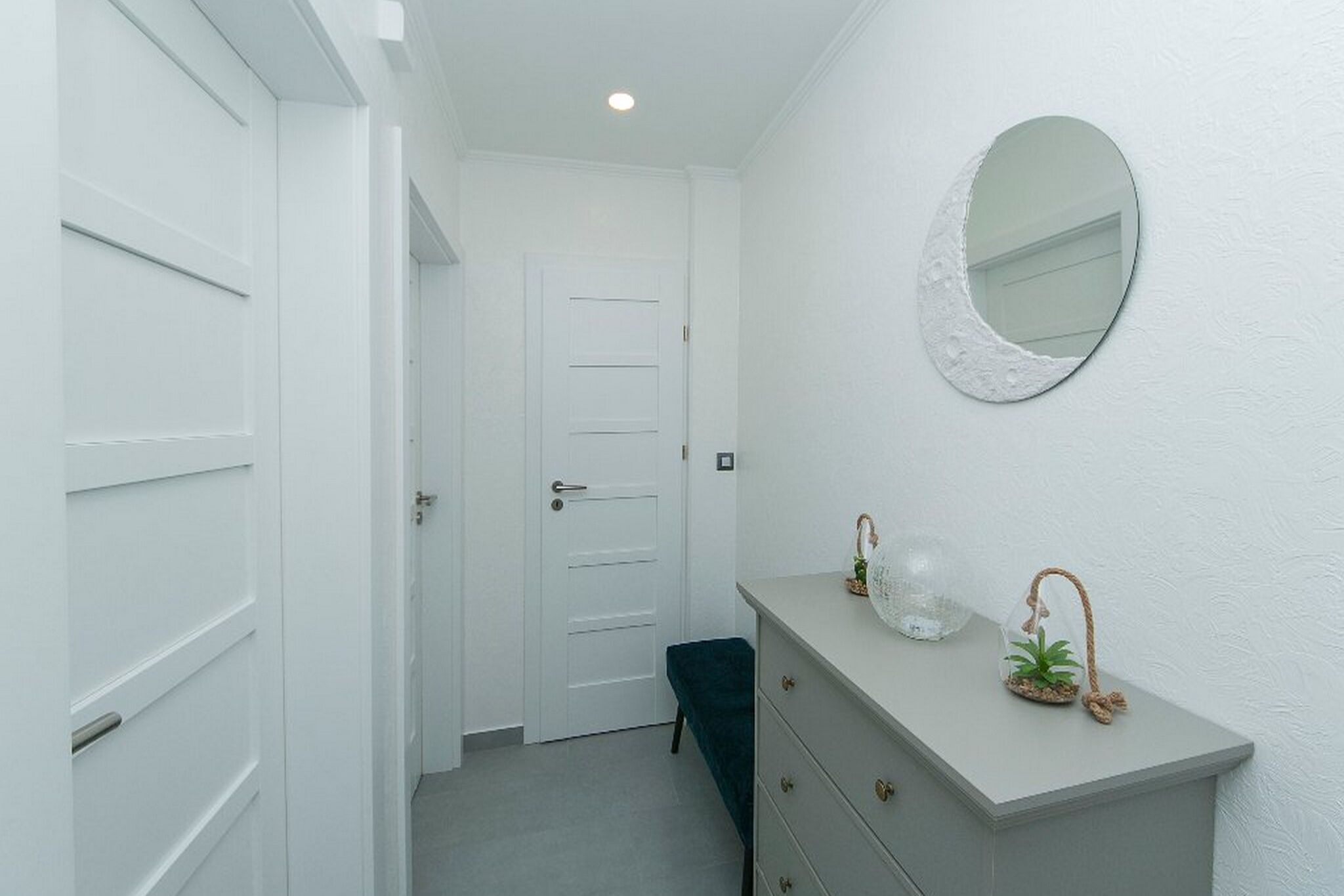Un couloir avec une porte blanche, un miroir, une commode et une petite plante.