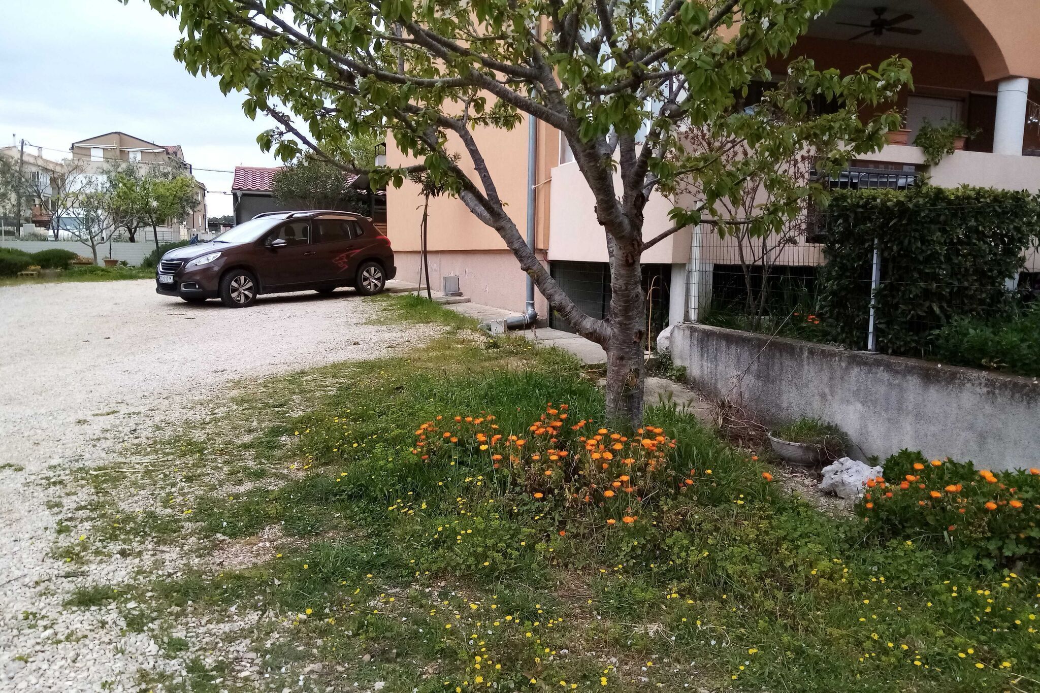 A residential area with a parked car, a tree, and a building with a balcony.