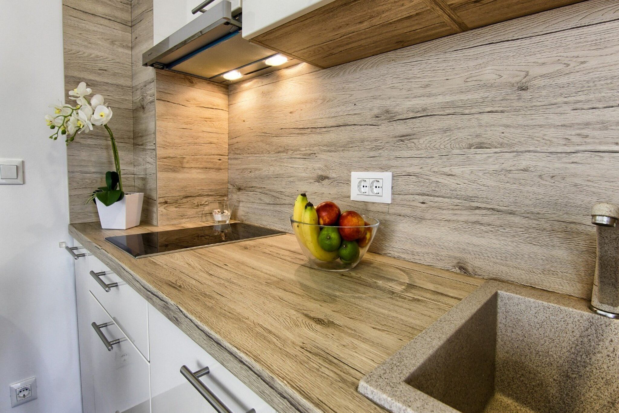 Kühlschrank, Mikrowelle, Herdplatte, Esstisch