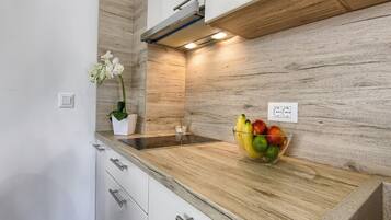 Fridge, microwave, stovetop, dining tables