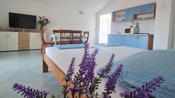 Een slaapkamer met een bed, een bureau, een stoel, een televisie en een kitchenette.