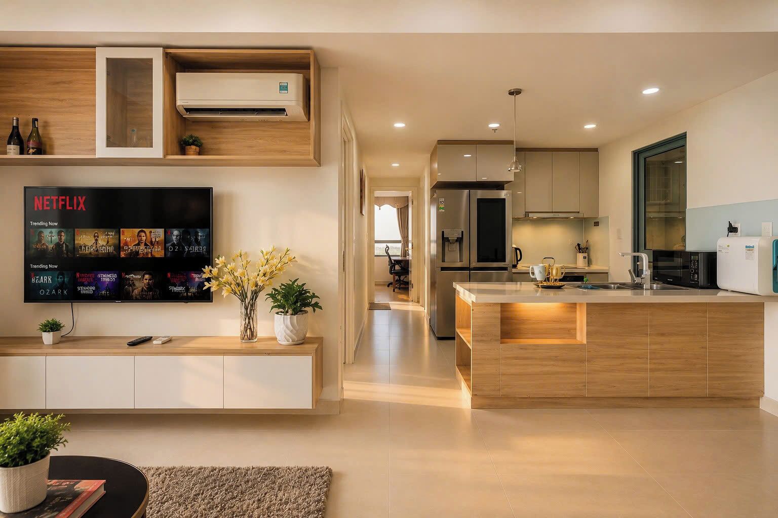A modern kitchen with a central island, built-in appliances, and a flat-screen TV displaying a Netflix interface.
