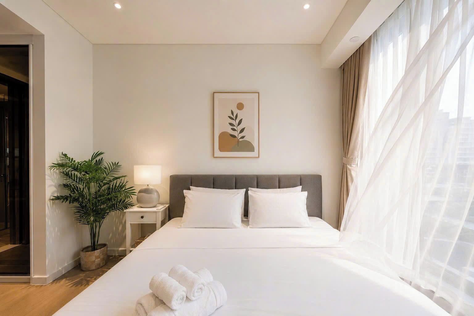 A hotel room with a bed, a nightstand, a lamp, a potted plant, and a window with curtains.