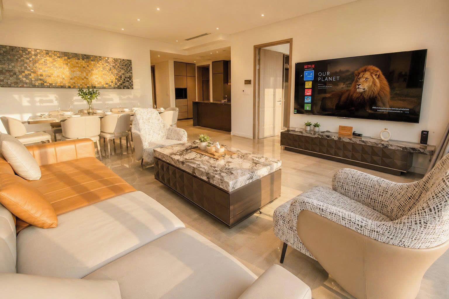 Una sala de estar moderna con un sofá, un sillón y una mesa de centro. Hay un televisor de pantalla plana montado en la pared.