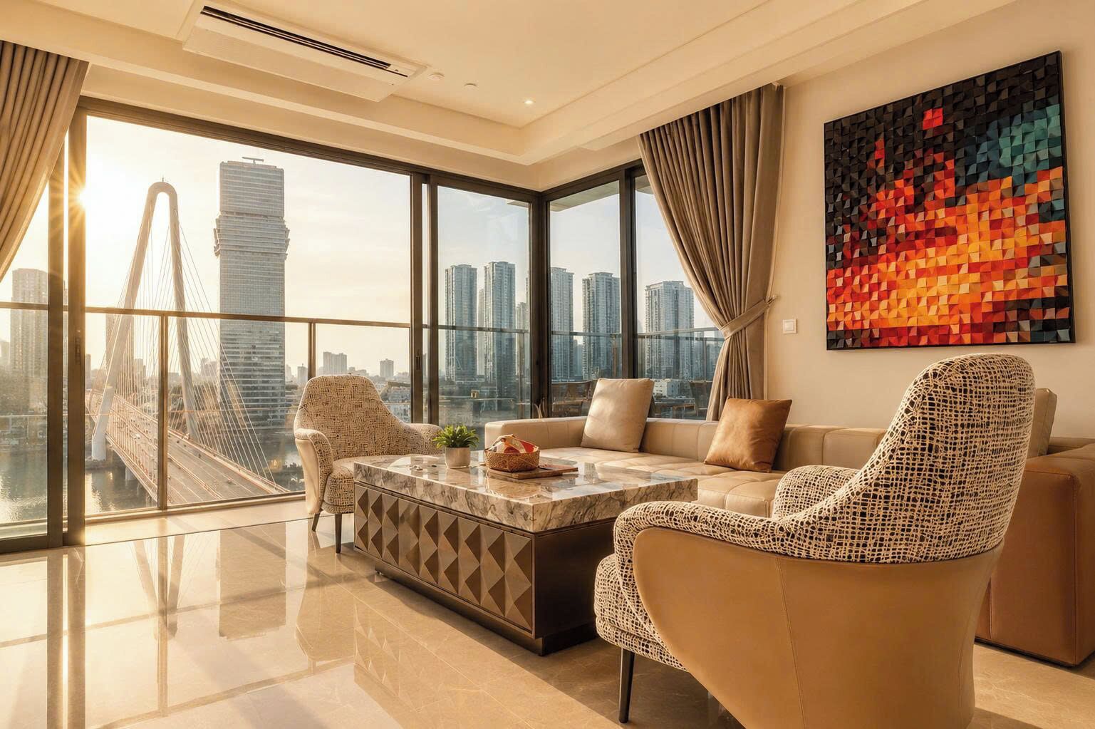 A modern living room with a large window, a sofa, a coffee table, and a city view.
