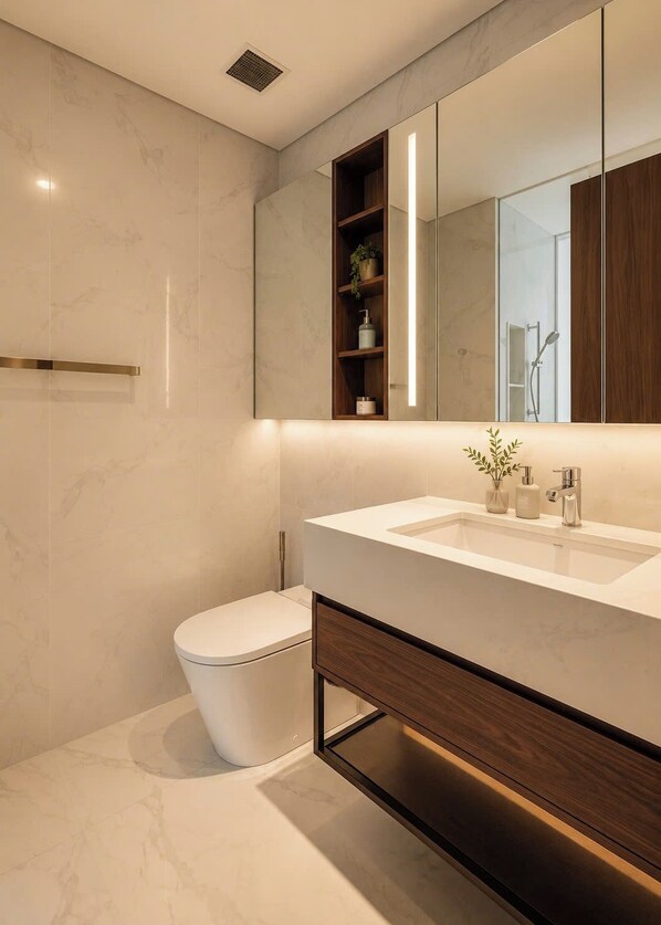 A modern bathroom with a large mirror, a white sink, and a toilet. - The Metropole - Horizon View Riverside  (Ho Chi Minh City)