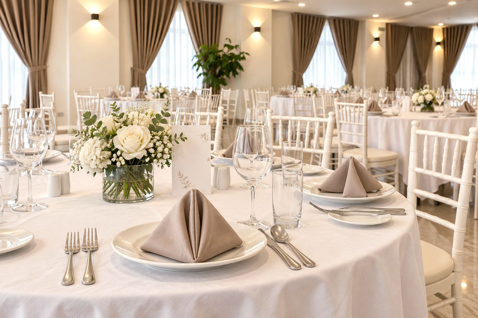 Une salle de banquet avec des tables rondes dressées pour un événement formel, nappes impeccables, couverts et verrerie assortis.