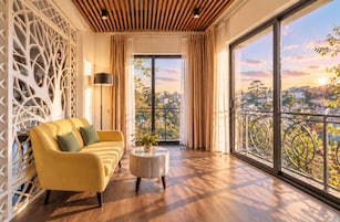 Una sala de estar moderna con un sofá amarillo, una mesa de centro redonda y vistas de un paisaje urbano a través de amplios ventanales.