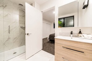 Shower, hair dryer, towels, shampoo