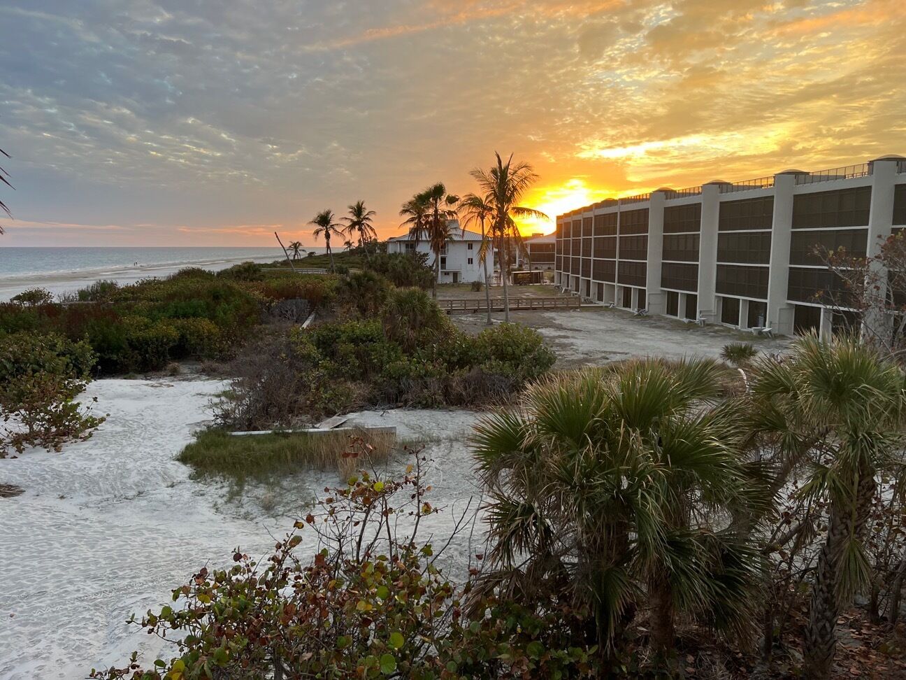 Ein Küstenhotel mit Blick auf den Sonnenuntergang über dem Meer, umgeben von Palmen und einem kleinen Bach.