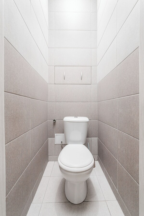 A small, modern bathroom with a toilet, a wall-mounted cabinet, and tiled walls and floor. - Minsk Apartments on Zakharova str 19 (Minsk)