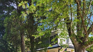 A two-story house with a covered porch, a flag, and a well-maintained lawn. - Charming 3-bedroom farmhouse on 20 acres located in rustic Corbin City.  (Corbin City)