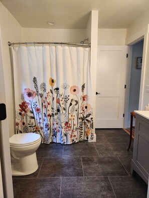 Douche, séchoir à cheveux, serviettes fournies, savon