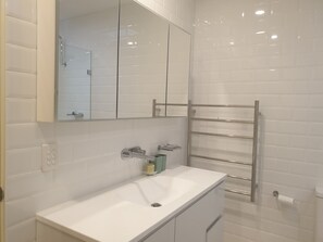 Hair dryer, bidet, towels, soap