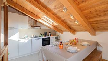 Family Apartment, Multiple Bedrooms, 2 Bathrooms (Sunny Penthouse) | Private kitchen | Fridge, microwave, oven, stovetop