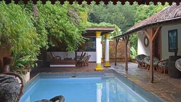Outdoor pool, pool umbrellas, pool loungers