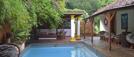 Outdoor pool, pool umbrellas, pool loungers