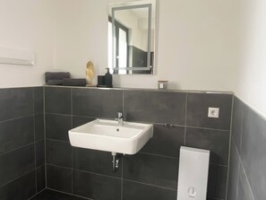 Chuveiro, secador de cabelo, toalhas de banho, sabonete