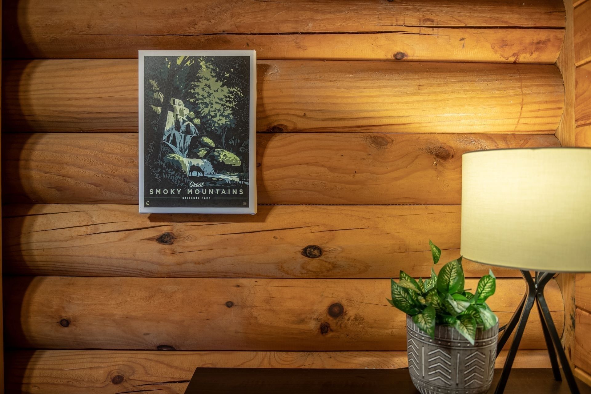 Een ingelijst poster van het Smoky Mountains National Park aan een houten wand, een lamp en een pot met plant.