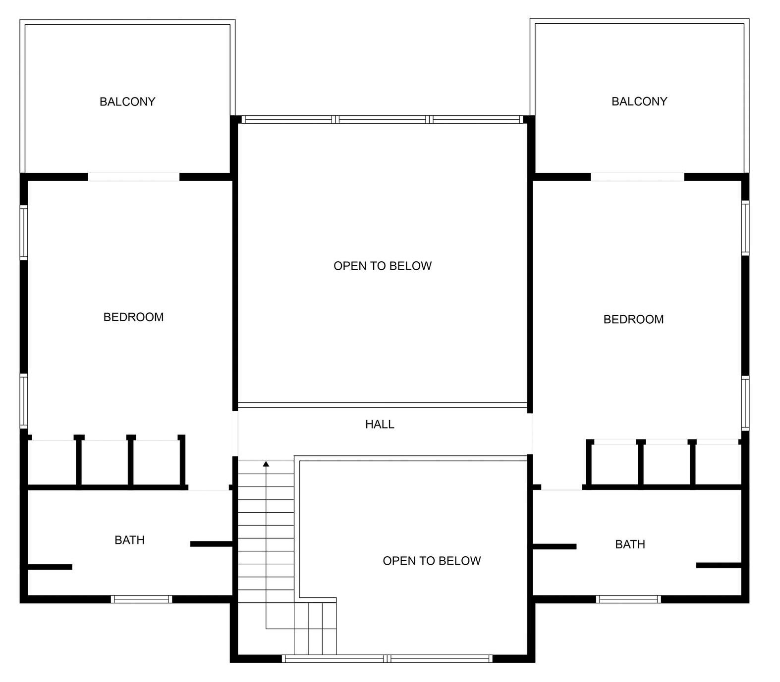 A floor plan with two bedrooms, a balcony, a hall, and a bathroom.