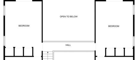 A floor plan with two bedrooms, a balcony, a hall, and a bathroom.