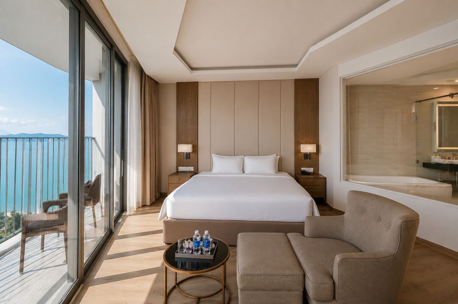 A hotel room with a large bed, two bedside tables with lamps, a sofa, a small round table with water bottles, and a balcony with a view.