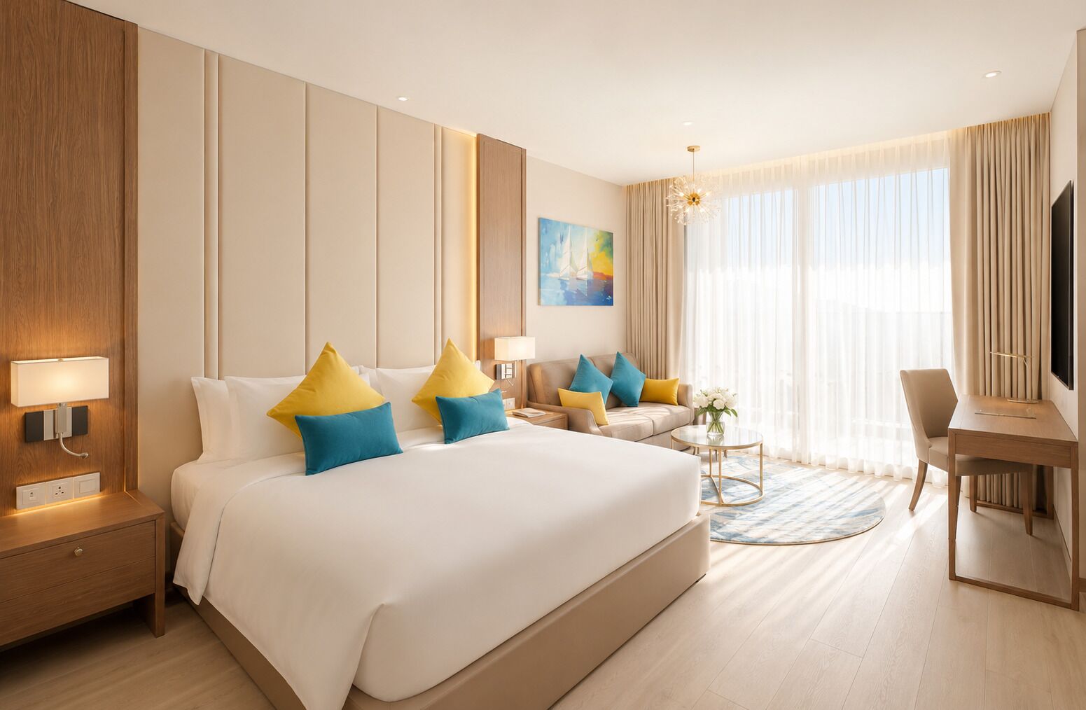 Quarto de hotel com uma cama grande, uma escrivaninha, uma cadeira, uma televisão e uma janela com cortinas.