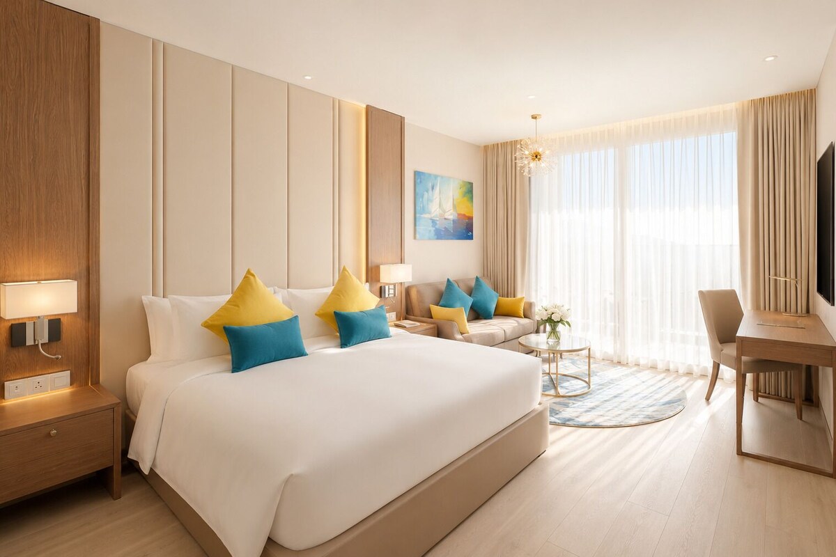 A hotel room with a large bed, a desk, a chair, a TV, and a window with curtains.