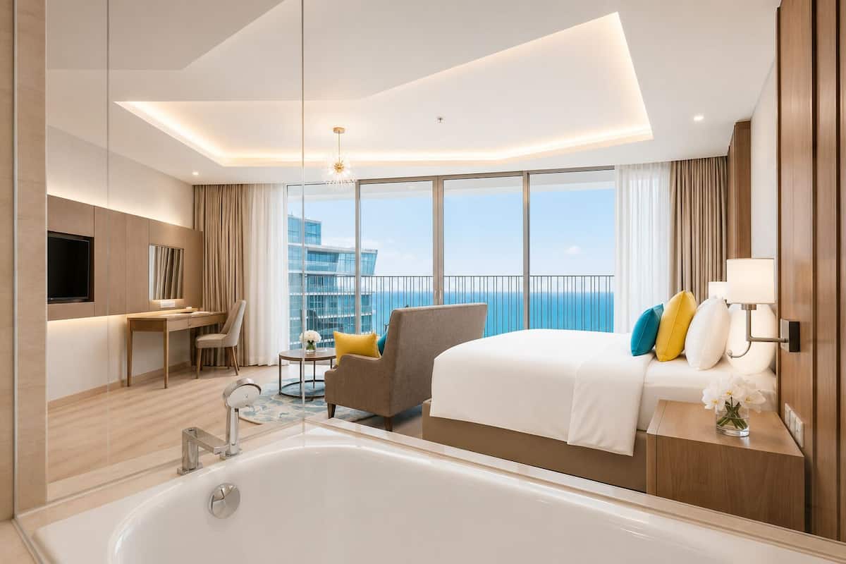 Een moderne hotelkamer met een groot bed, een bureau, een stoel, een badkuip en een balkon met uitzicht op de oceaan.