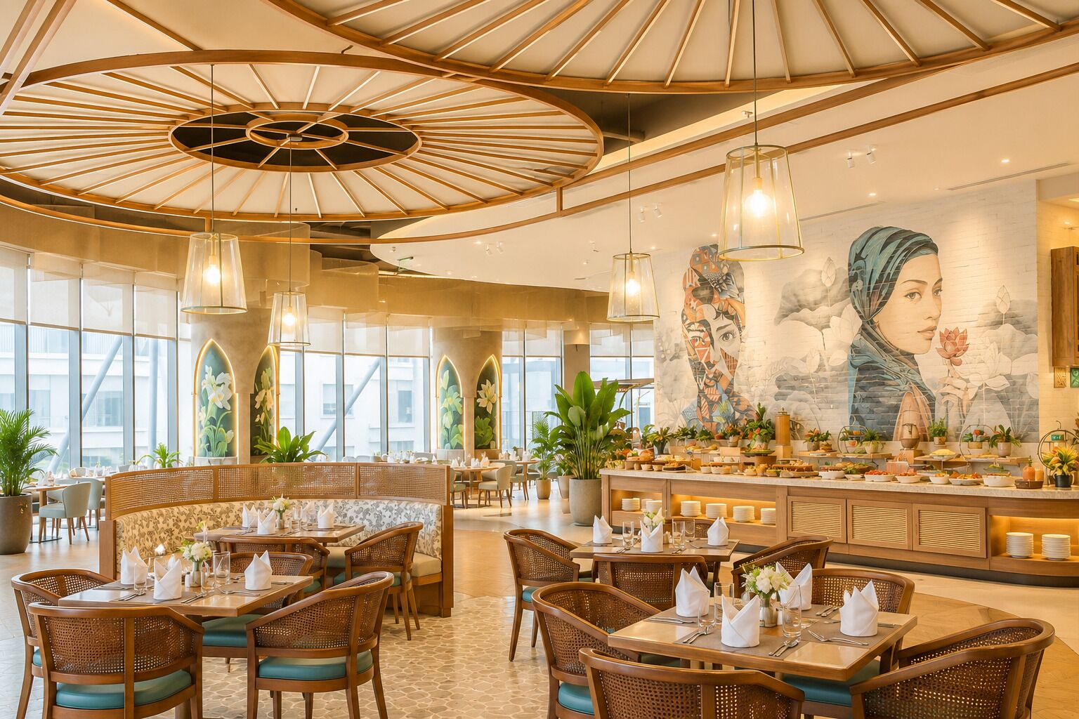 A restaurant with a high ceiling, large windows, and a mural on the wall.